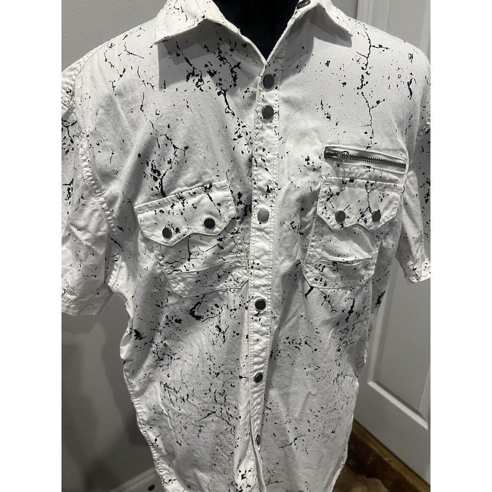 INC Men's Shirt With Snap Closure White With Black Speaks  F3